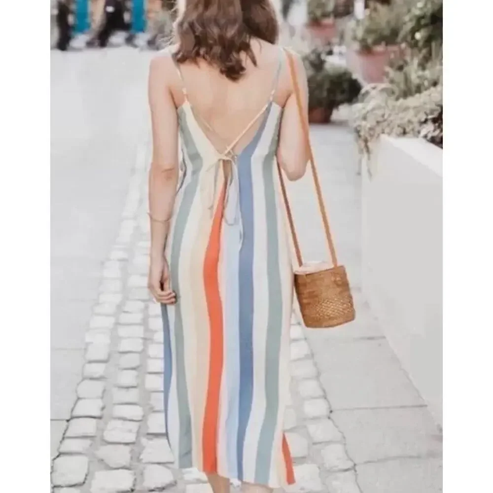 Reformation Rainbow Midi Dress 2 XS Striped V-neck spaghetti strap multicolor - Picture 4 of 11